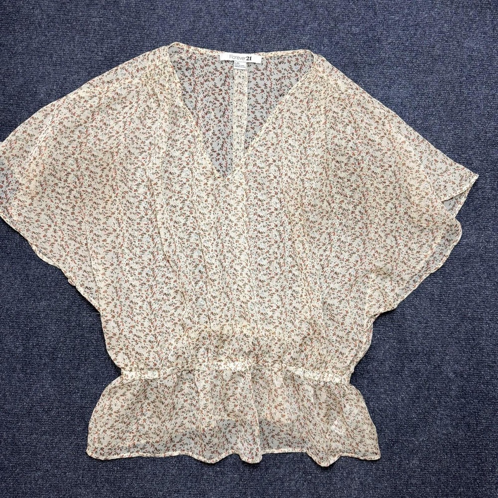 Y2K Forever 21 Kimono Blouse Womens Large White Floral Sheer Chiffon Ruffle Top